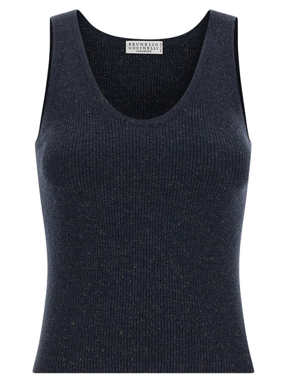Tank Top by Brunello Cucinelli for women in viscose silk & cashmere blue showcases a sublime silhouette, with sleeveless and round neckline details for a sublime finish.