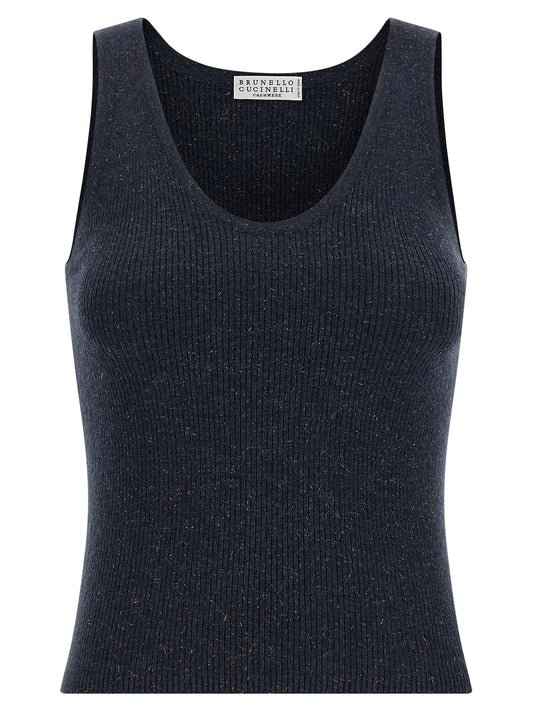 Tank Top by Brunello Cucinelli for women in viscose silk & cashmere blue showcases a sublime silhouette, with sleeveless and round neckline details for a sublime finish.