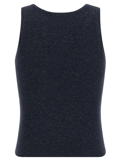 Tank Top by Brunello Cucinelli for women in viscose silk & cashmere blue showcases a perennial silhouette, artfully detailed with a design and a perennial round neckline.