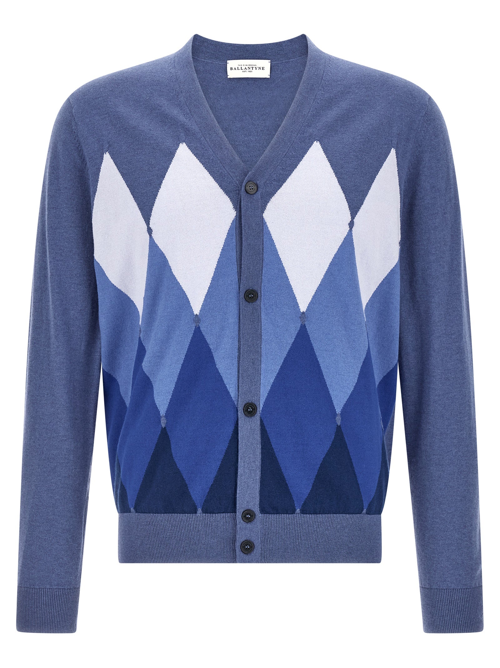 Cardigan by Ballantyne for men in cashmere cotton blend blue, pearl, patterned, argyle & jacquard showcases a luxurious silhouette, meticulously detailed with a sophisticated v-neck neckline and for a refined finish.