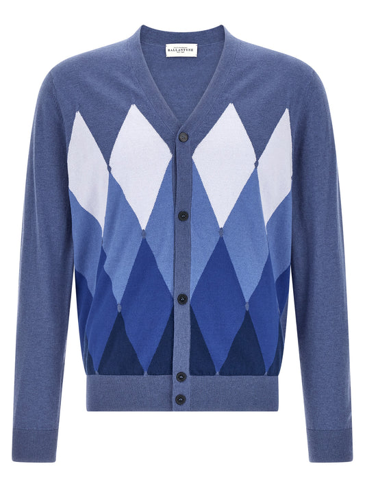 Cardigan by Ballantyne for men in cashmere cotton blend blue, pearl, patterned, argyle & jacquard showcases a luxurious silhouette, meticulously detailed with a sophisticated v-neck neckline and for a refined finish.