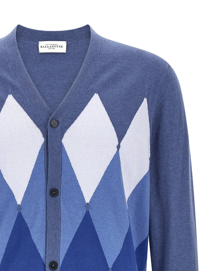 Cardigan by Ballantyne for men in cashmere cotton blend blue, pearl, patterned, argyle & jacquard presents a textural silhouette, artfully finished with a textural v-neck neckline and for a sophisticated, textural look.