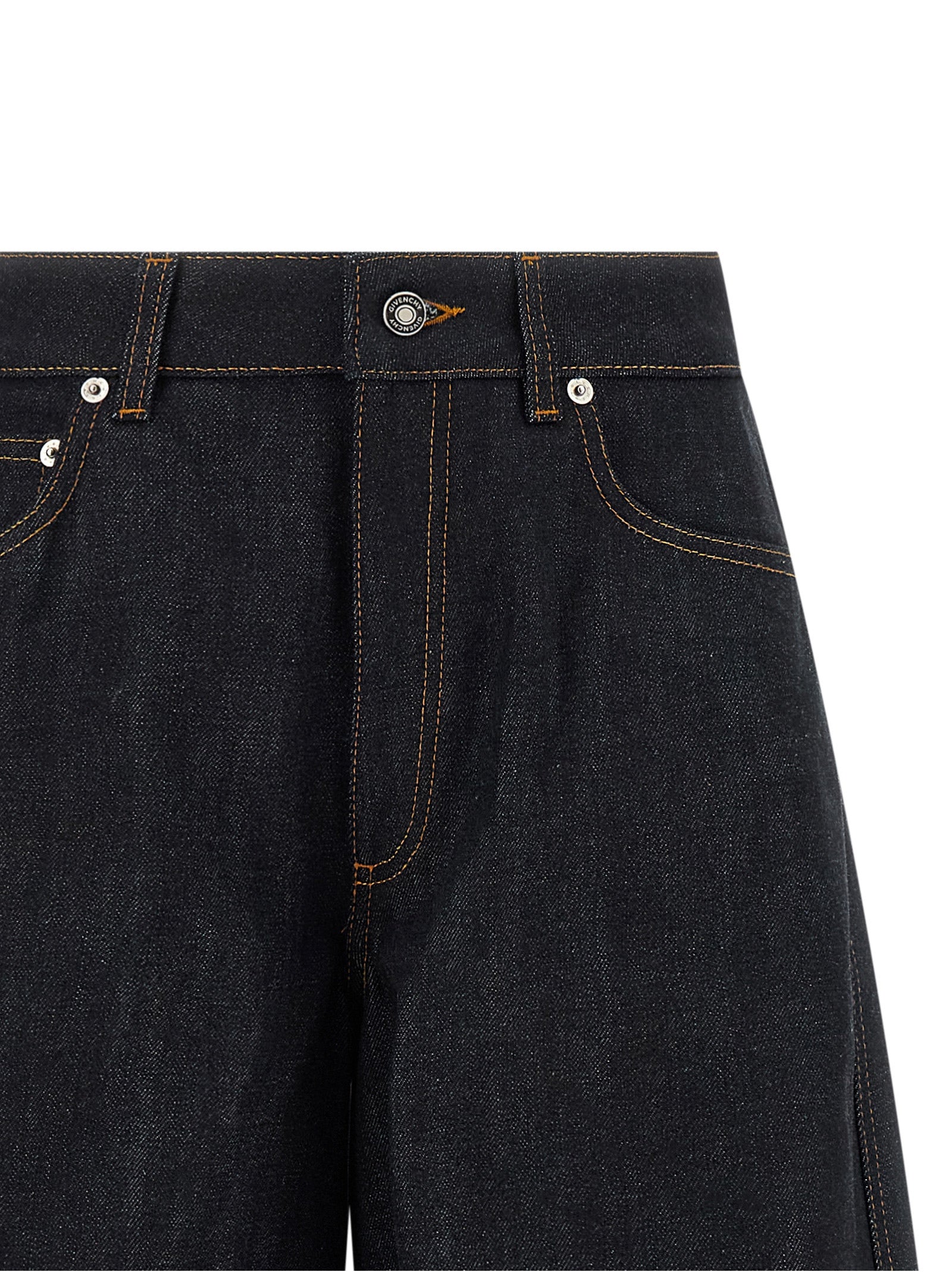 Jeans by Givenchy for women in denim cotton & suede leather blue features a polished silhouette with a polished flared & wide, reaching a polished long and finished with a polished .