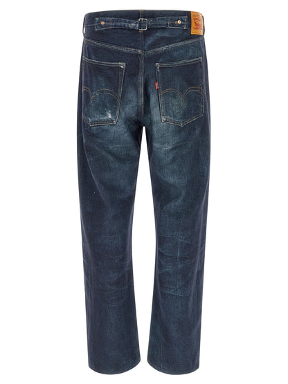 Jeans by Junya Watanabe for men in linen & denim cotton blue features a polished silhouette with a polished straight-leg & wide, reaching a polished long and finished with a polished high rise.