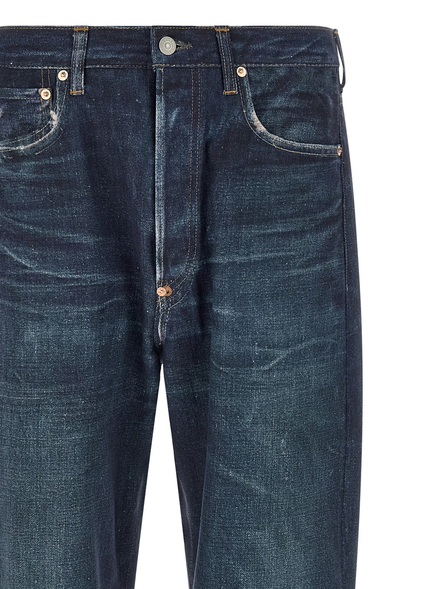 Jeans by Junya Watanabe for men in linen & denim cotton blue features a refined silhouette with a refined straight-leg & wide, defined by a high rise and a refined long for a refined finish.