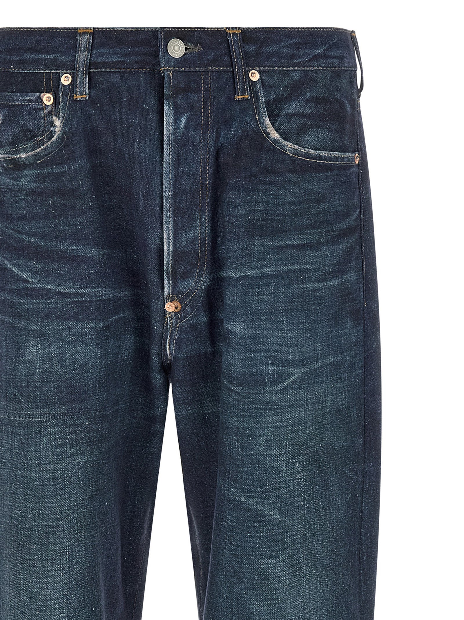 Jeans by Junya Watanabe for men in linen & denim cotton blue features a refined silhouette with a refined straight-leg & wide, defined by a high rise and a refined long for a refined finish.