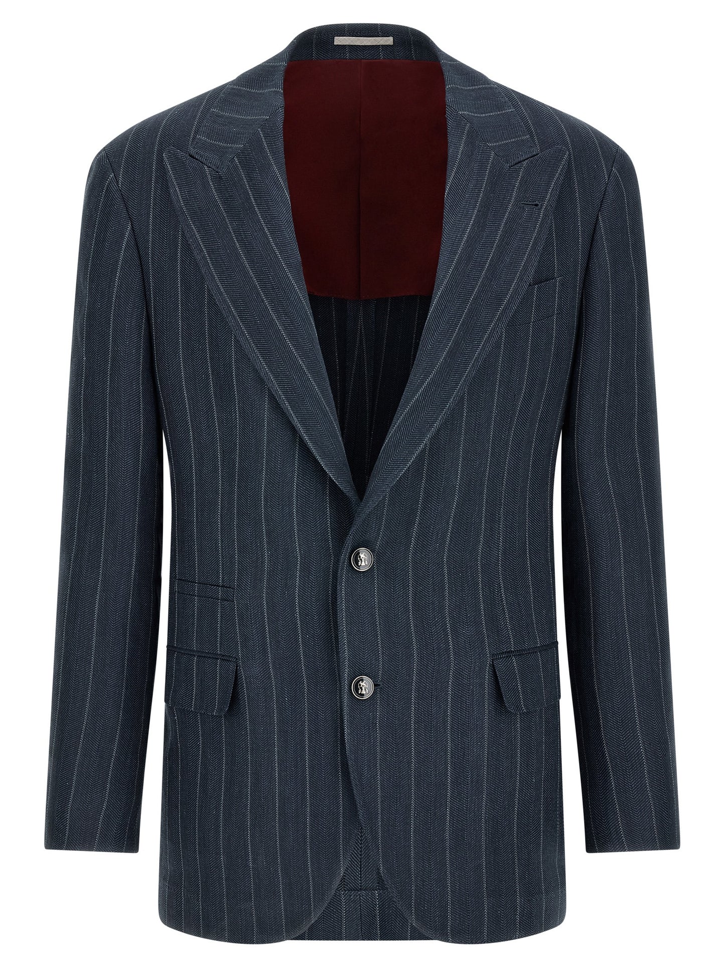 This Blazer by Brunello Cucinelli for men in silk & hemp blue & chevron presents a tailored silhouette, meticulously tailored with a tailored and distinctive for a tailored finish.
