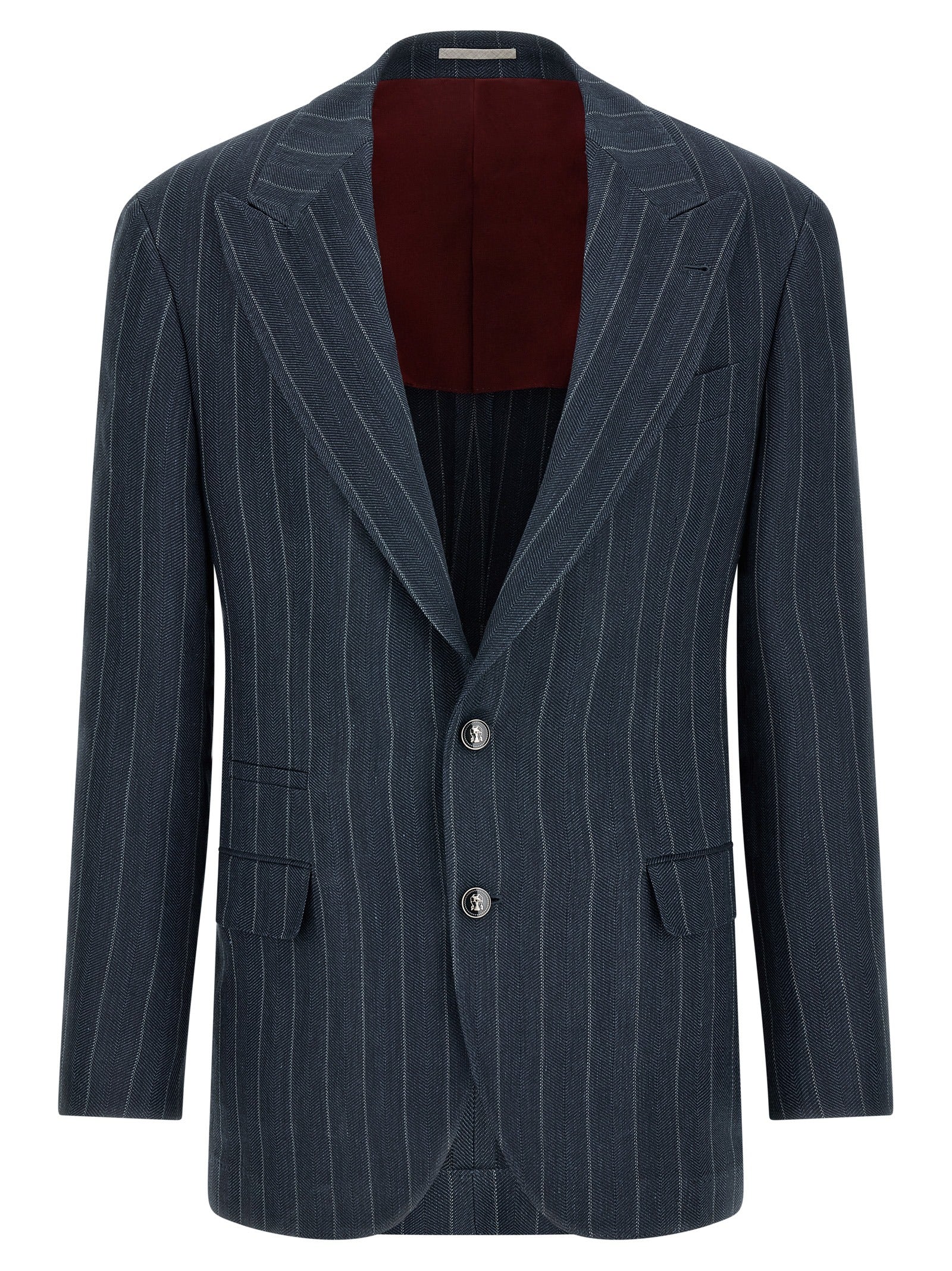 This Blazer by Brunello Cucinelli for men in silk & hemp blue & chevron presents a tailored silhouette, meticulously tailored with a tailored and distinctive for a tailored finish.