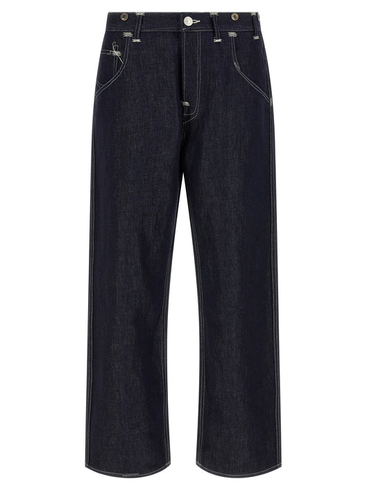 Junya Watanabe Men's Straight Leg Regular Fit Wide Denim Cotton & Linen Jeans - Blue Horn Signature