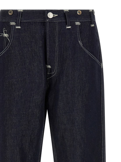 Junya Watanabe Men's Straight Leg Regular Fit Wide Denim Cotton & Linen Jeans - Blue Horn Signature