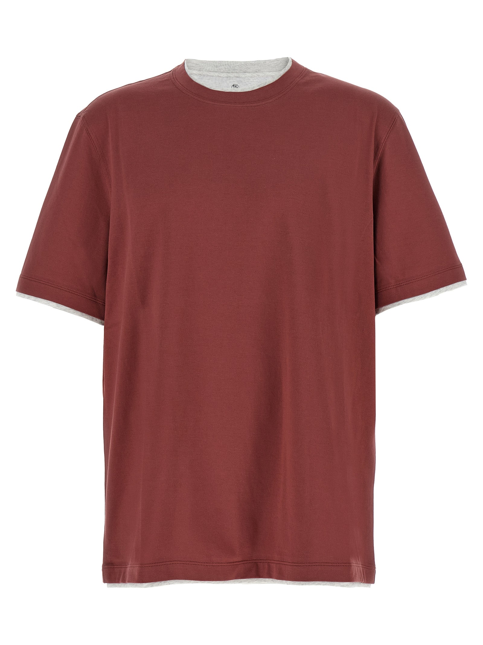 T-Shirt by Brunello Cucinelli for men in cotton multicolor, red & signature showcases a dramatic silhouette, elegantly detailed with a dramatic crew neckline and short-sleeve for a truly dramatic finish.