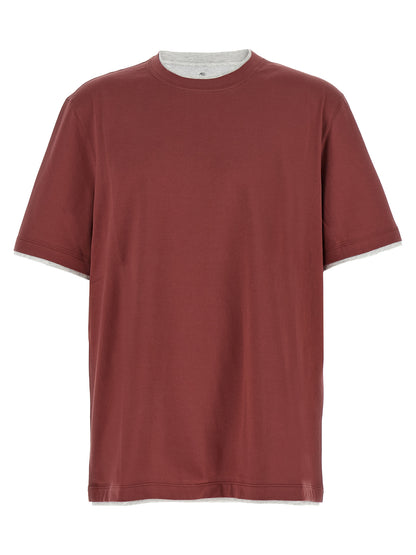 T-Shirt by Brunello Cucinelli for men in cotton multicolor, red & signature showcases a dramatic silhouette, elegantly detailed with a dramatic crew neckline and short-sleeve for a truly dramatic finish.