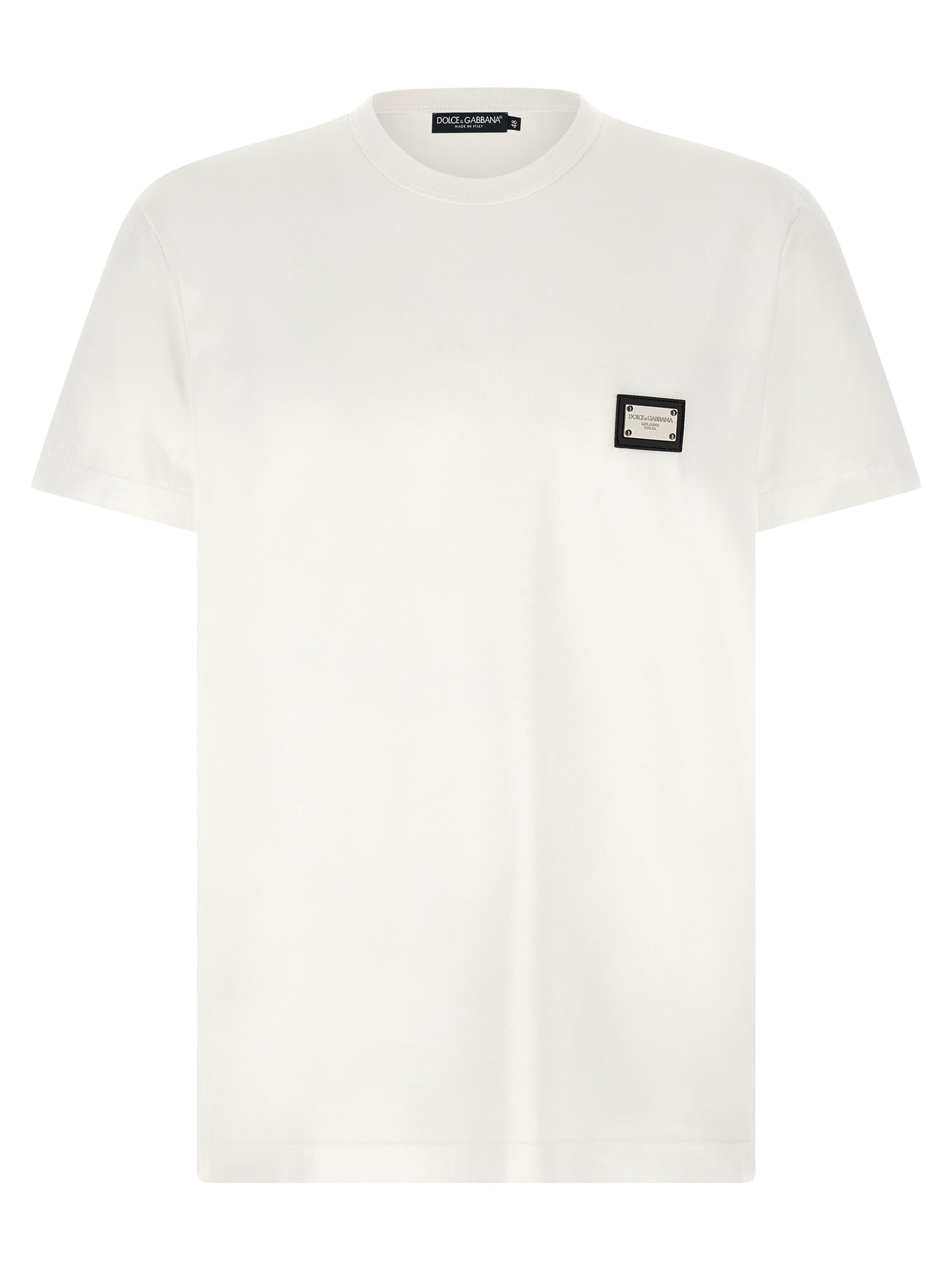 T-Shirt by Dolce & Gabbana for men in leather & cotton white showcases a fashionable silhouette, elegantly detailed with a fashionable short-sleeve and crew neckline for a sophisticated, high-fashion look.
