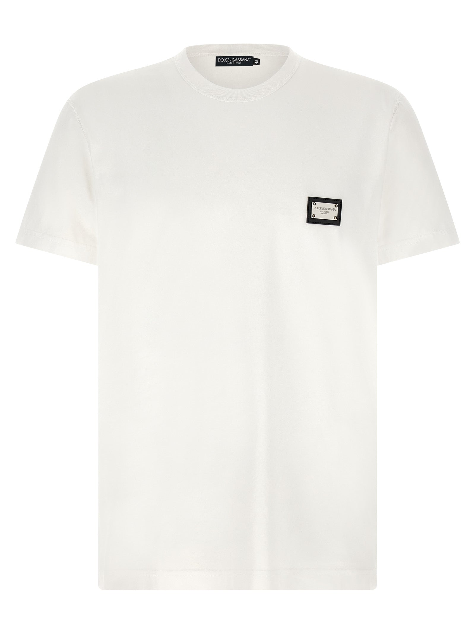 T-Shirt by Dolce & Gabbana for men in leather & cotton white showcases a fashionable silhouette, elegantly detailed with a fashionable short-sleeve and crew neckline for a sophisticated, high-fashion look.