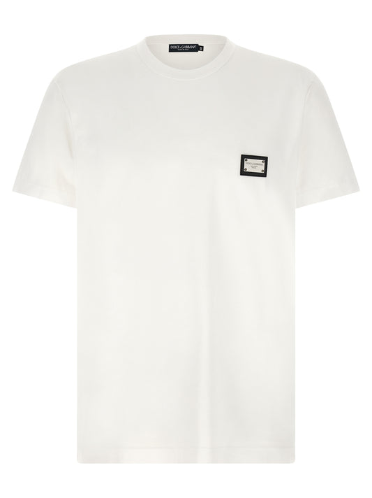 T-Shirt by Dolce & Gabbana for men in leather & cotton white showcases a fashionable silhouette, elegantly detailed with a fashionable short-sleeve and crew neckline for a sophisticated, high-fashion look.