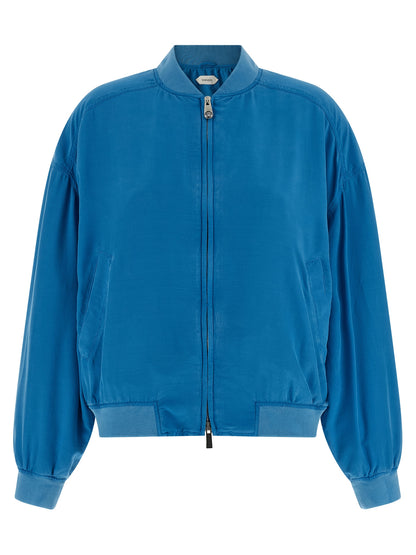 Bomber Jacket by Versace for women in silk light-blue features a dramatic silhouette, showcasing a sophisticated high-neck neckline and distinctive pockets for a dramatic aesthetic.