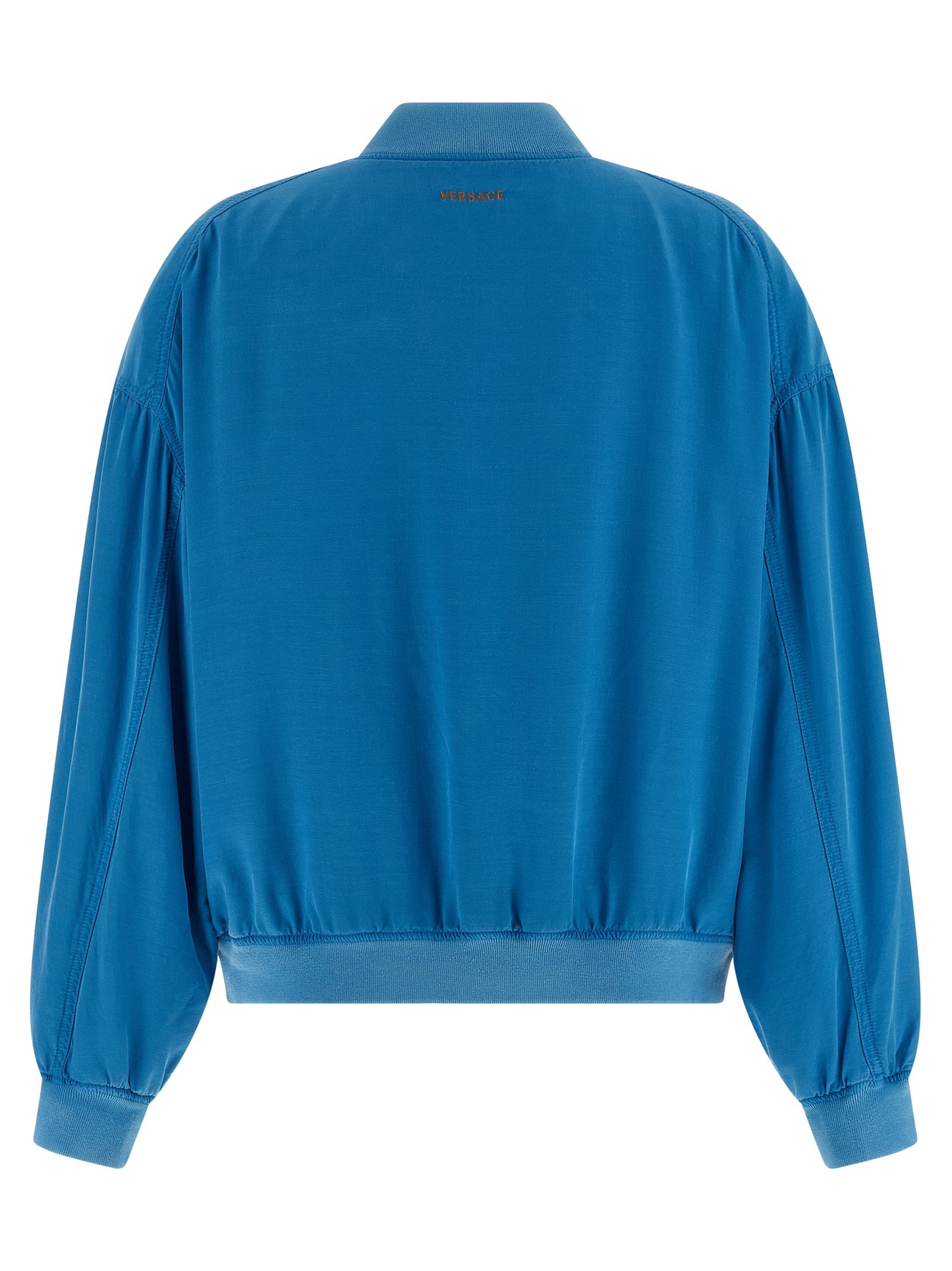 Bomber Jacket by Versace for women in silk light-blue features a city-ready silhouette, detailed with pockets and a city-ready high-neck neckline.