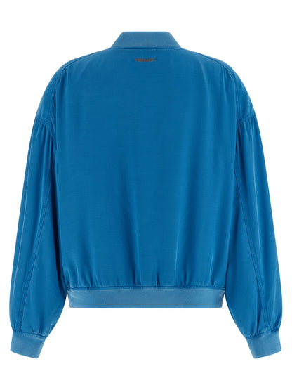 Bomber Jacket by Versace for women in silk light-blue features a city-ready silhouette, detailed with pockets and a city-ready high-neck neckline.