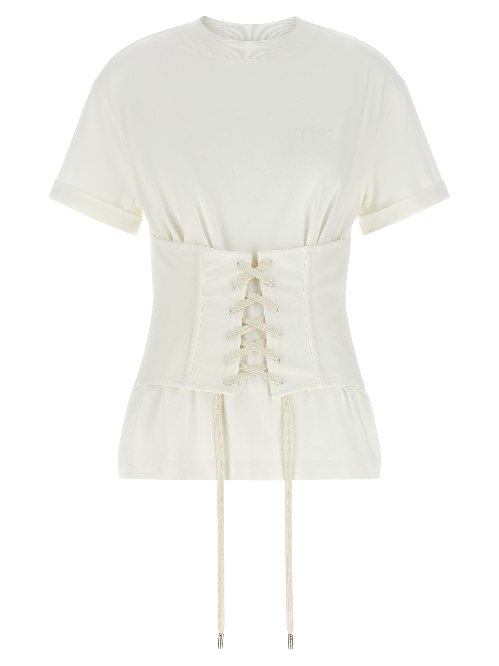 Corset Top by Alexander McQueen for women in cotton white presents a uncompromising silhouette, artfully detailed with a uncompromising crew neckline and short-sleeve for a sophisticated, uncompromising finish.