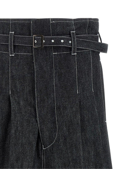 Denim Shorts by Junya Watanabe for women in denim cotton black presents a utilitarian silhouette, showcasing a utilitarian flared & wide with a short and high rise.