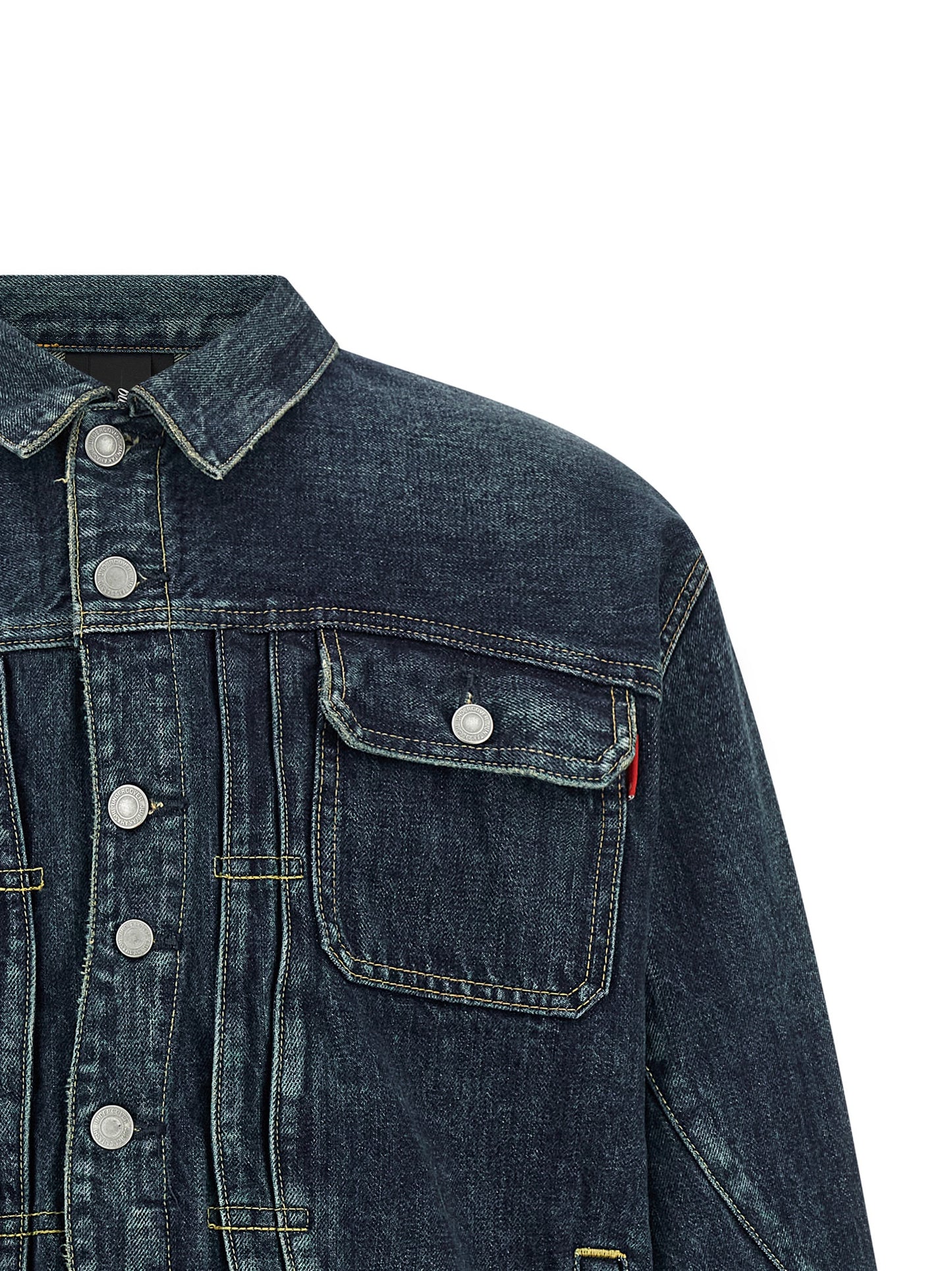 Trucker Jacket by Undercover for men in denim cotton blue features a dramatic silhouette, showcasing a sophisticated shirt-collar neckline and distinctive pockets for a dramatic aesthetic.