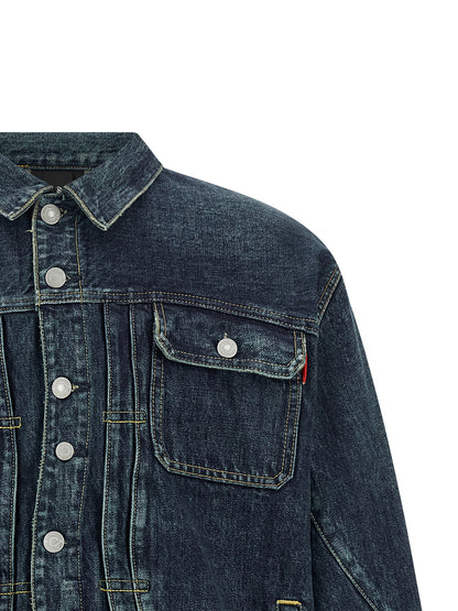 Trucker Jacket by Undercover for men in denim cotton blue features a dramatic silhouette, showcasing a sophisticated shirt-collar neckline and distinctive pockets for a dramatic aesthetic.