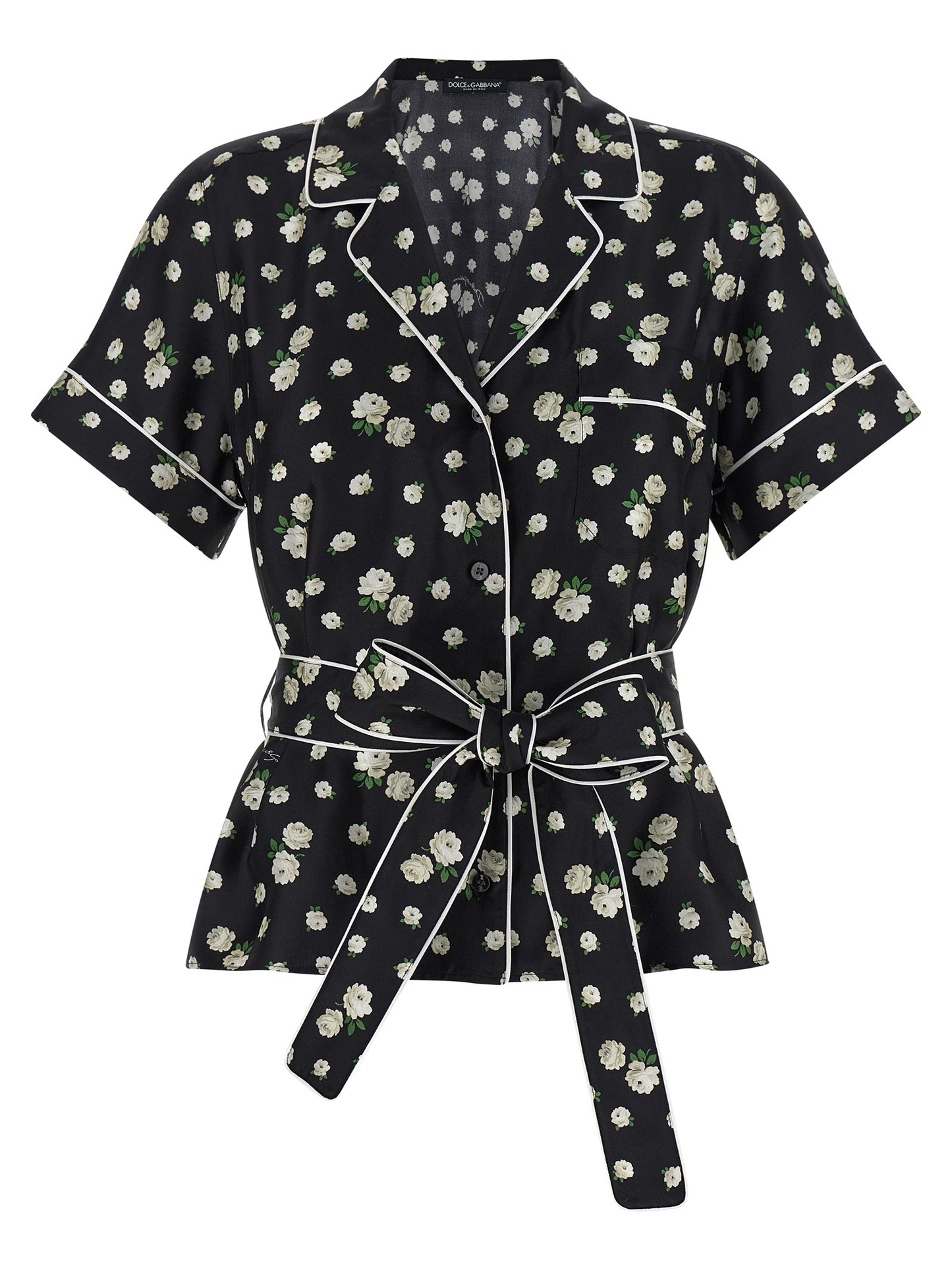 Blouse by Dolce & Gabbana for women in silk twill black, pearl & print, featuring a nuanced and nuanced lapel neckline for a sophisticated finish.