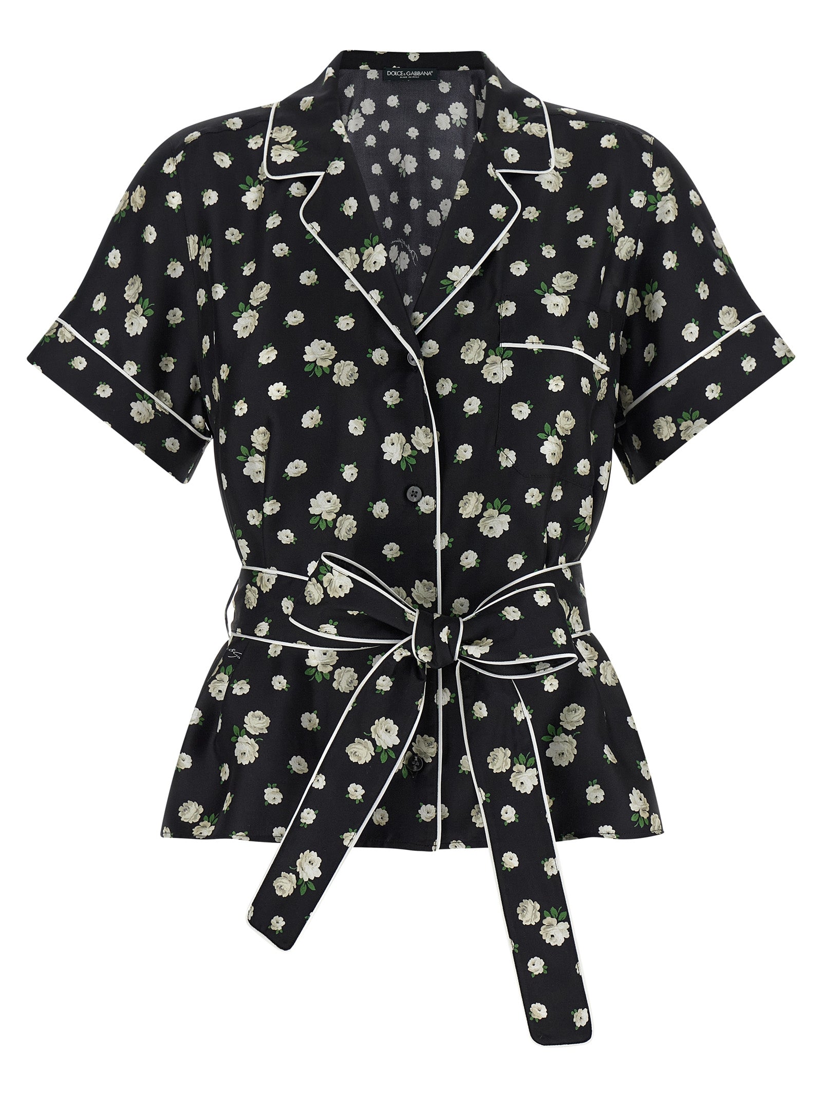 Blouse by Dolce & Gabbana for women in silk twill black, pearl & print, featuring a nuanced and nuanced lapel neckline for a sophisticated finish.