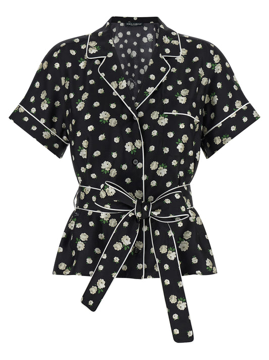 Blouse by Dolce & Gabbana for women in silk twill black, pearl & print, featuring a nuanced and nuanced lapel neckline for a sophisticated finish.