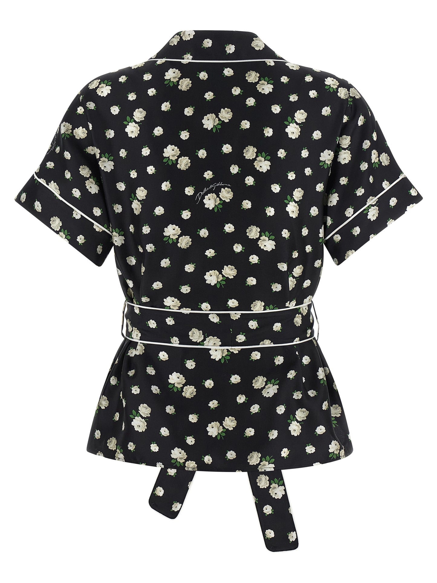 Blouse by Dolce & Gabbana for women in silk twill black, pearl & print presents a discerning silhouette, showcasing a sophisticated lapel neckline and for a truly discerning finish.
