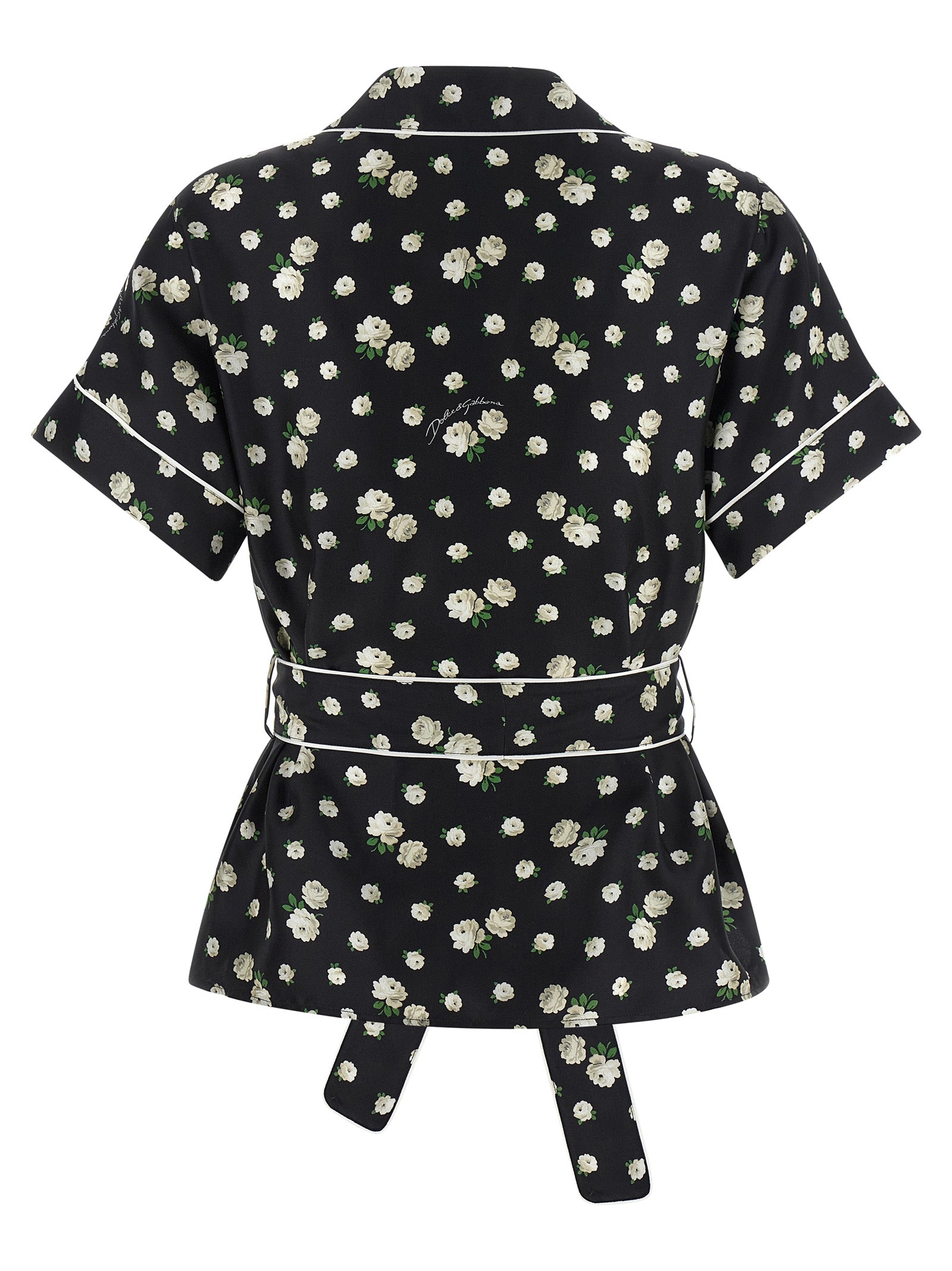 Blouse by Dolce & Gabbana for women in silk twill black, pearl & print presents a discerning silhouette, showcasing a sophisticated lapel neckline and for a truly discerning finish.