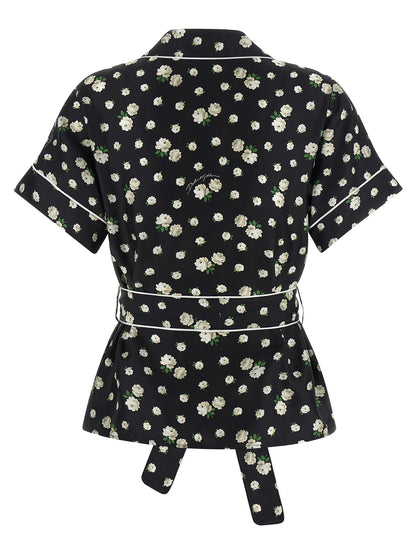 Blouse by Dolce & Gabbana for women in silk twill black, pearl & print presents a discerning silhouette, showcasing a sophisticated lapel neckline and for a truly discerning finish.