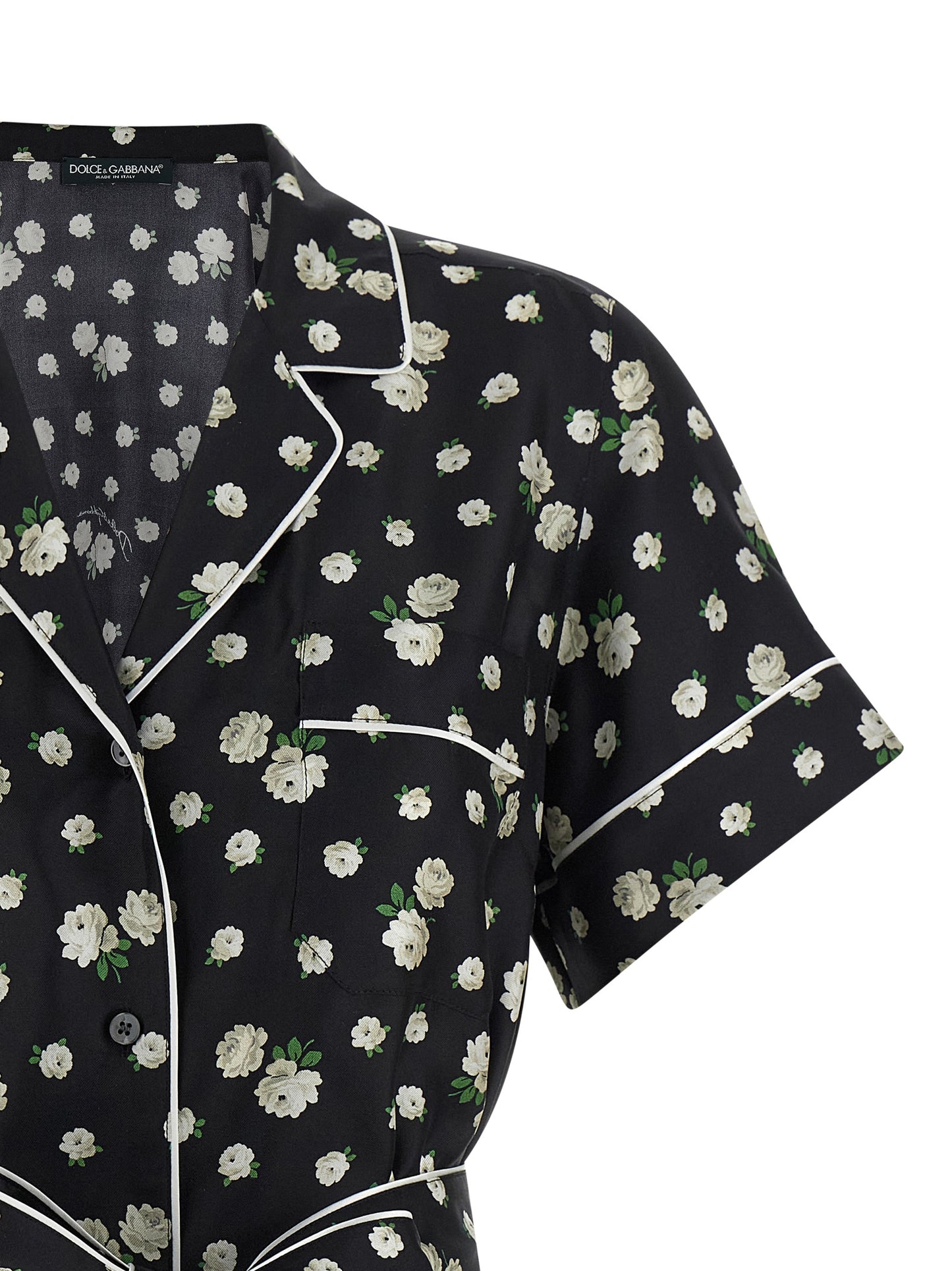 Blouse by Dolce & Gabbana for women in silk twill black, pearl & print features an polished silhouette, showcasing a sophisticated lapel neckline and detail for a truly polished finish.