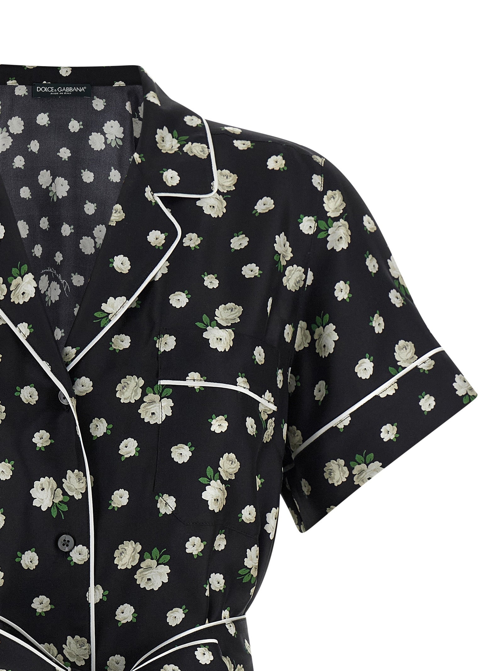 Blouse by Dolce & Gabbana for women in silk twill black, pearl & print features an polished silhouette, showcasing a sophisticated lapel neckline and detail for a truly polished finish.