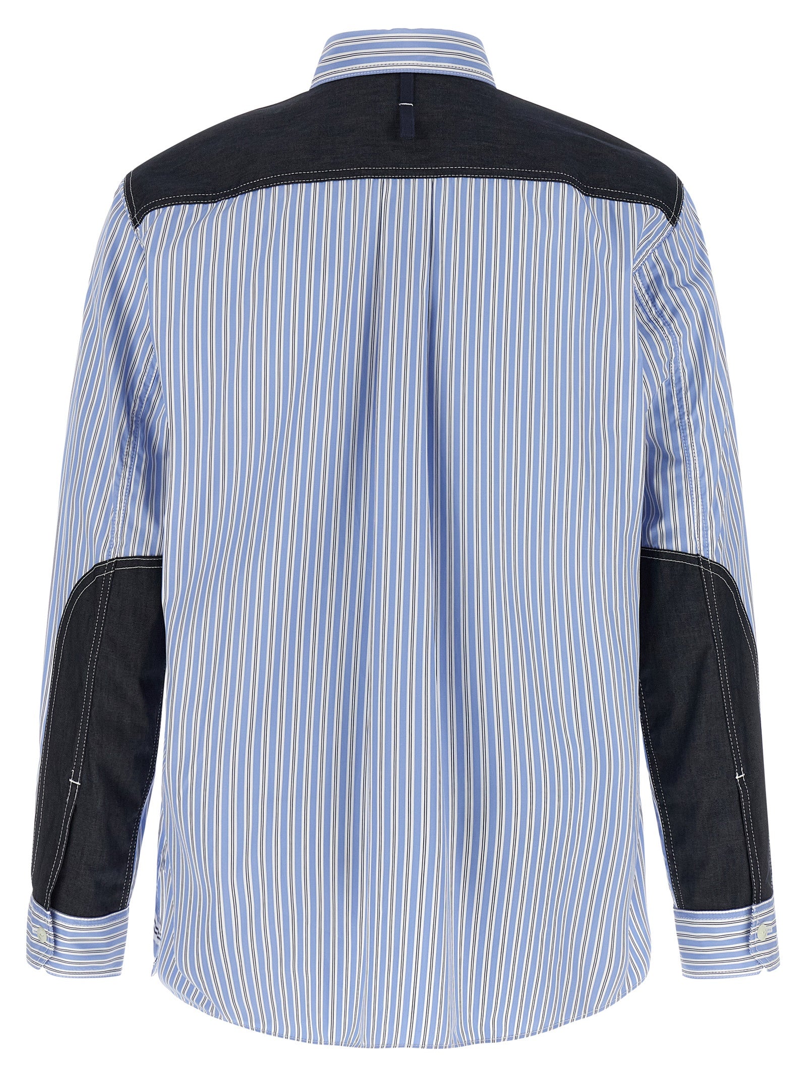 Shirt by Junya Watanabe for men in denim cotton light-blue & striped showcases a sharp silhouette, elegantly detailed with a sharp and sharp .