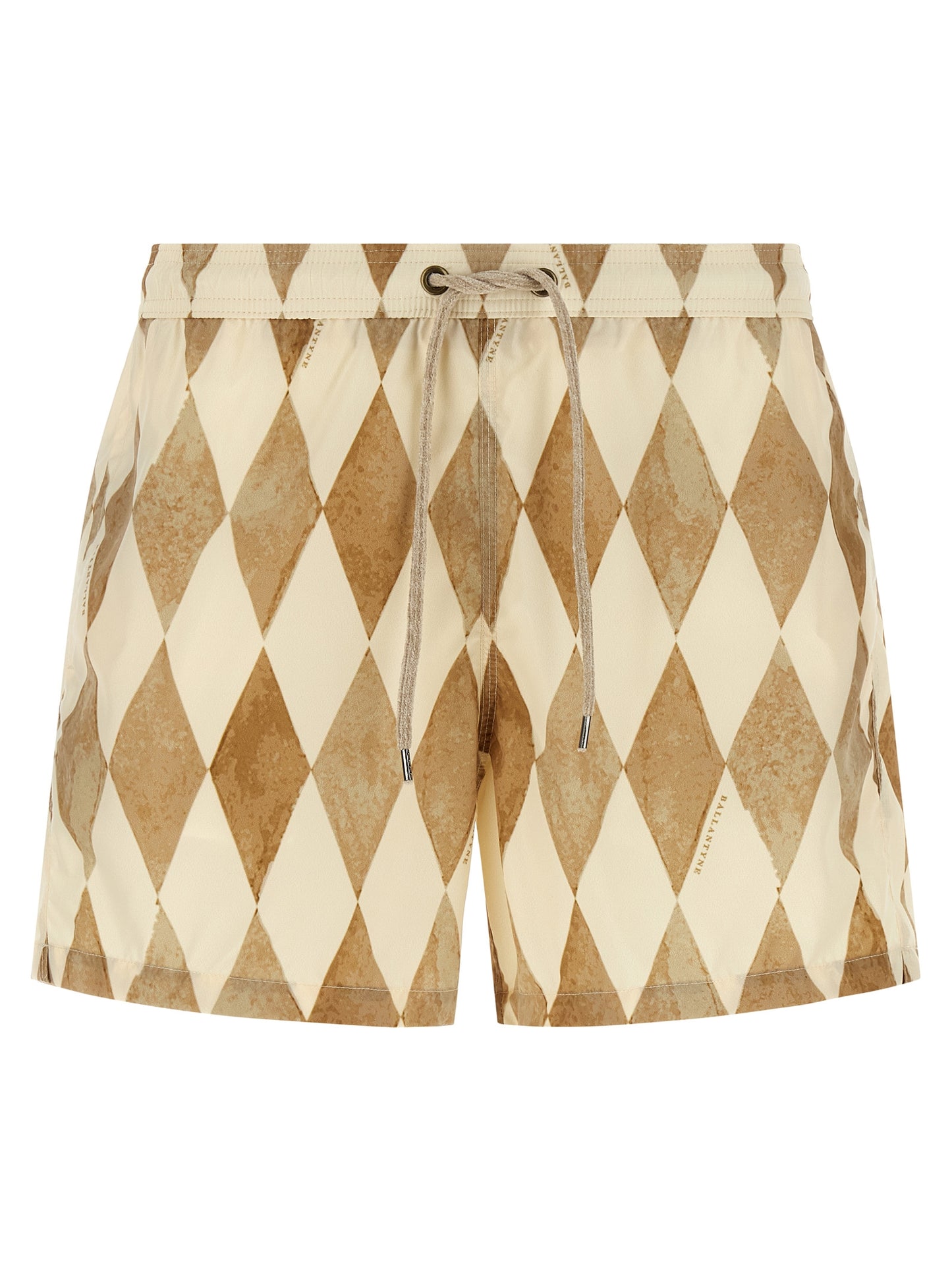 Swim Shorts by Ballantyne for men in polyester & mesh beige, patterned & print features a beach chic silhouette, showcasing the signature style of the Men's Polyester & Mesh Swim Shorts.