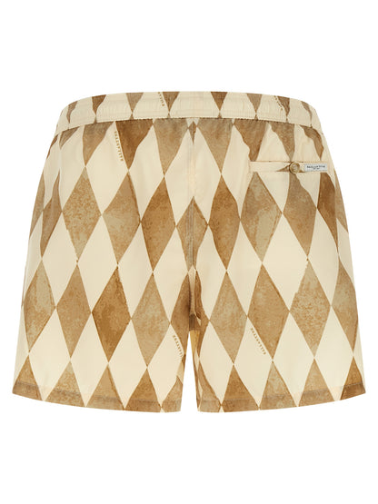 Swim Shorts by Ballantyne for men in polyester & mesh beige, patterned & print features a refined silhouette, showcasing the premium design of this Men's Polyester & Mesh Swim Shorts.