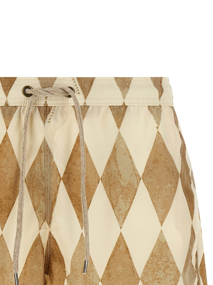 Swim Shorts by Ballantyne for men in polyester & mesh beige, patterned & print features a resort ready silhouette, capturing the beach-ready style of the Men's Polyester & Mesh Swim Shorts collection.