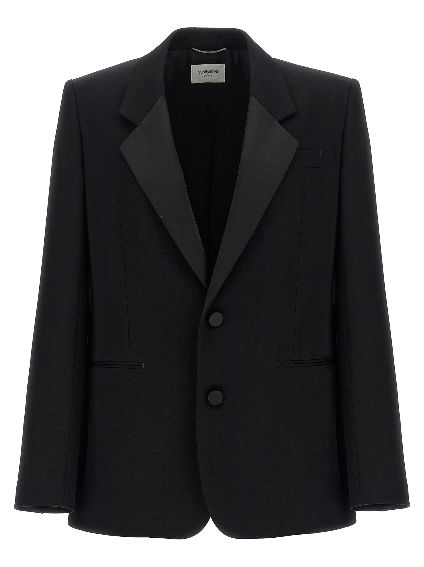 This Blazer by Saint Laurent for men in wool silk satin black presents a tailored silhouette, meticulously tailored with a tailored split neckline and distinctive for a tailored finish.