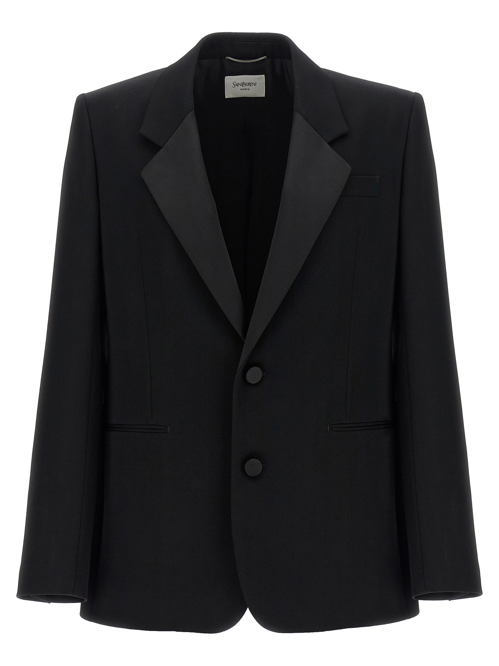 This Blazer by Saint Laurent for men in wool silk satin black presents a tailored silhouette, meticulously tailored with a tailored split neckline and distinctive for a tailored finish.