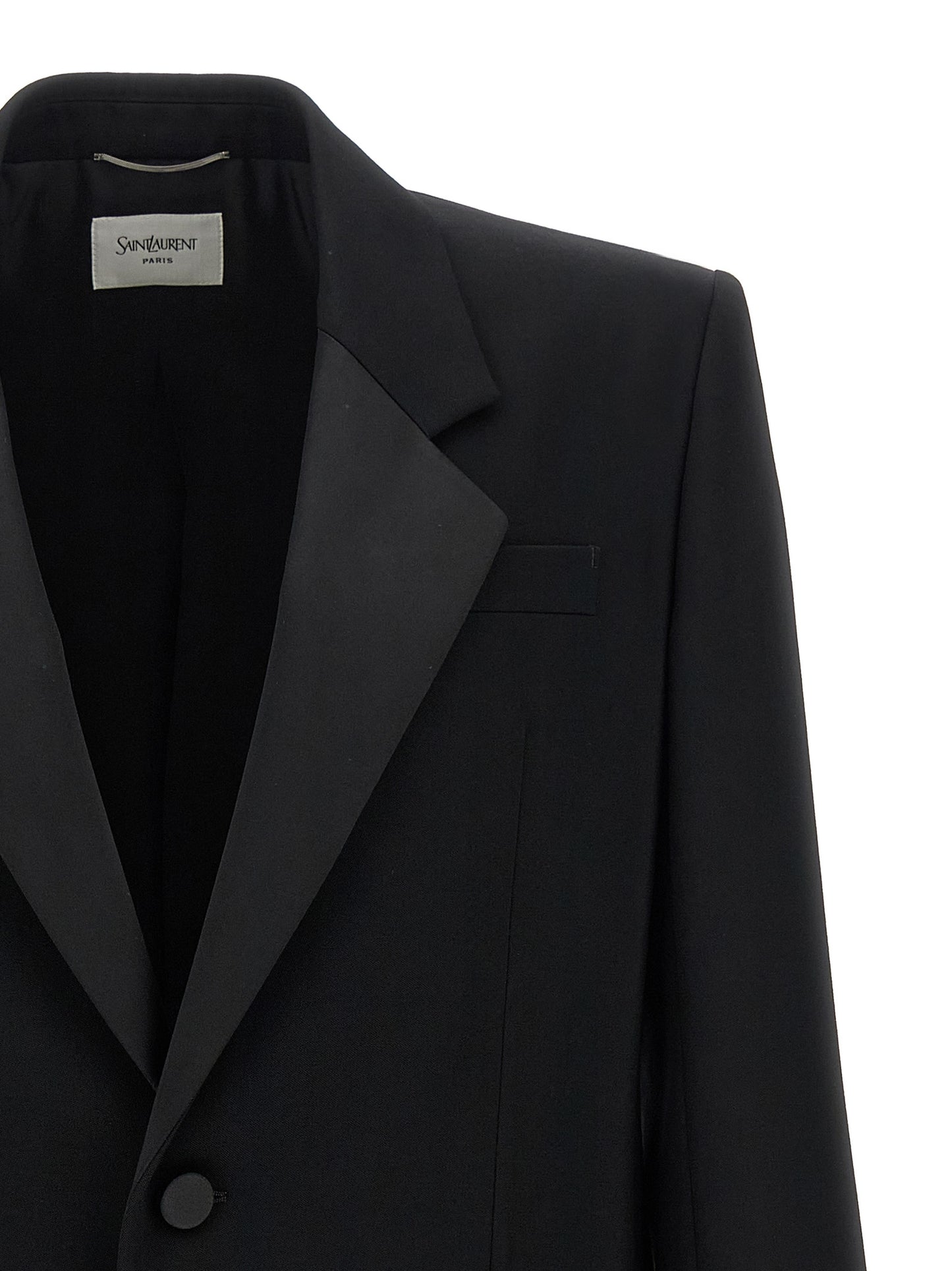 Blazer by Saint Laurent for men in wool silk satin black presents a distinguished silhouette, detailed with a distinguished split neckline and distinctive for a truly sophisticated finish.