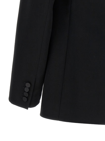 Blazer by Saint Laurent for men in wool silk satin black showcases a polished silhouette, highlighted by a refined and polished for a sophisticated finish.