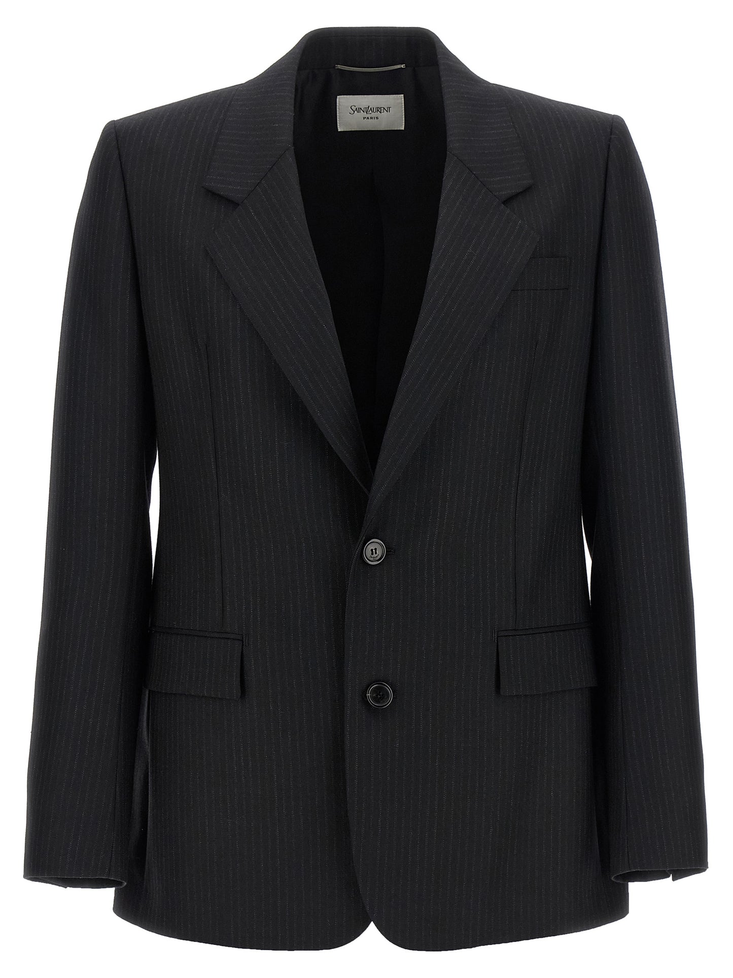 Blazer by Saint Laurent for men in wool & silk black & pinstripe showcases a polished silhouette, highlighted by a refined split neckline and polished for a sophisticated finish.
