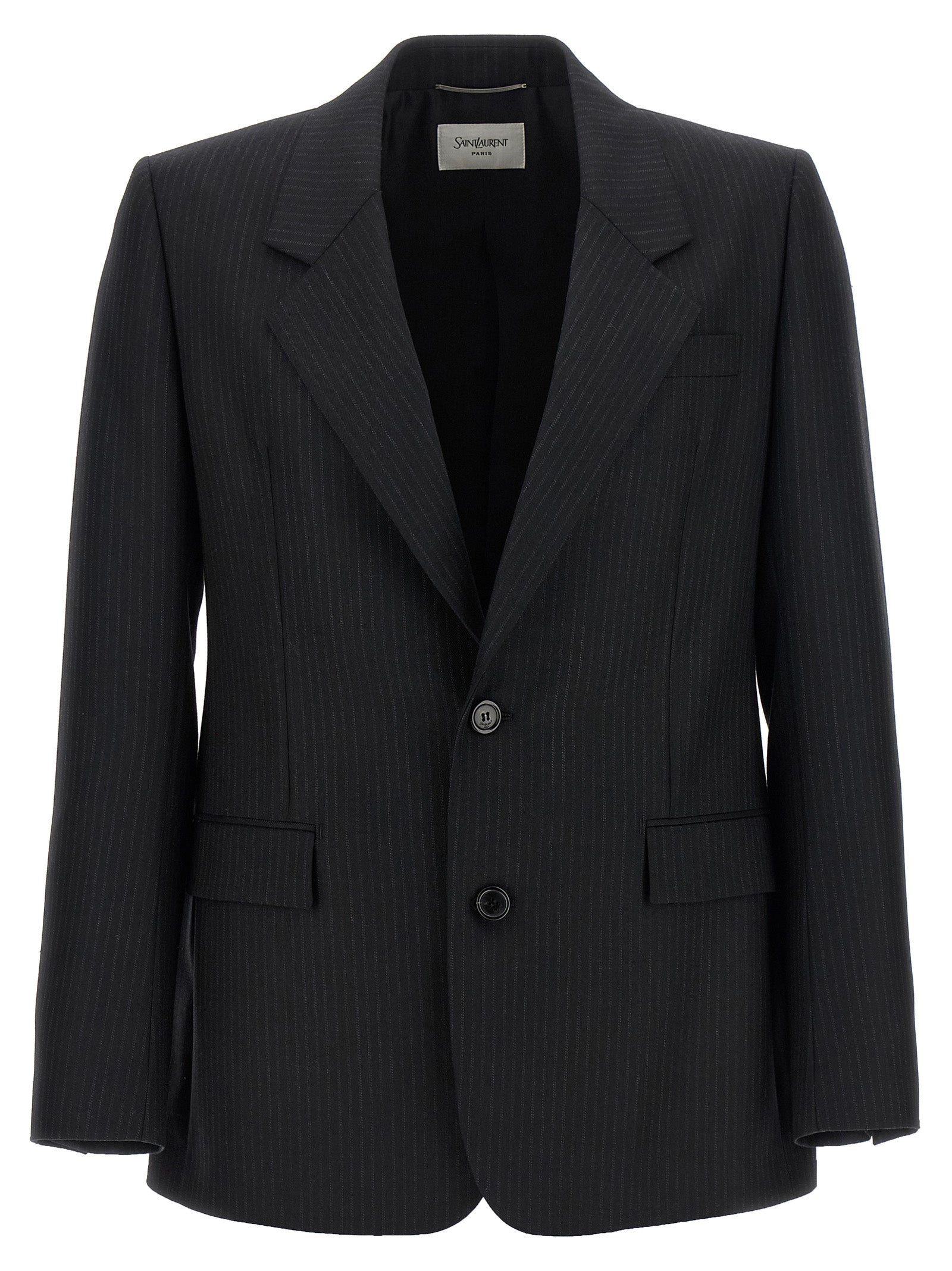 Blazer by Saint Laurent for men in wool & silk black & pinstripe showcases a polished silhouette, highlighted by a refined split neckline and polished for a sophisticated finish.