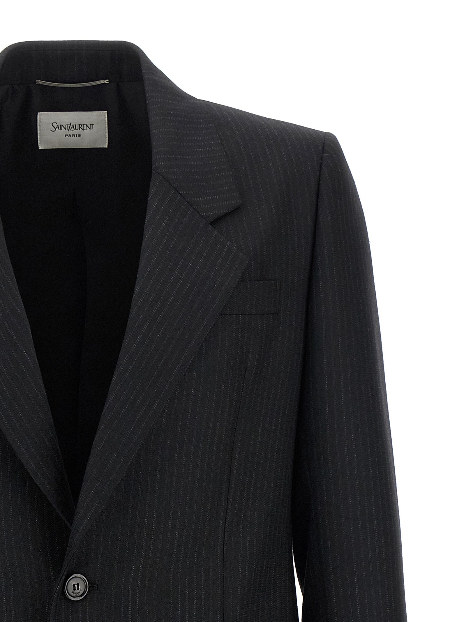 Blazer by Saint Laurent for men in wool & silk black & pinstripe features an crisp silhouette with sophisticated and a crisp split neckline for a truly crisp finish.