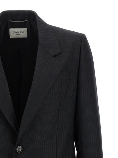 Blazer by Saint Laurent for men in wool & silk black & pinstripe features an crisp silhouette with sophisticated and a crisp split neckline for a truly crisp finish.