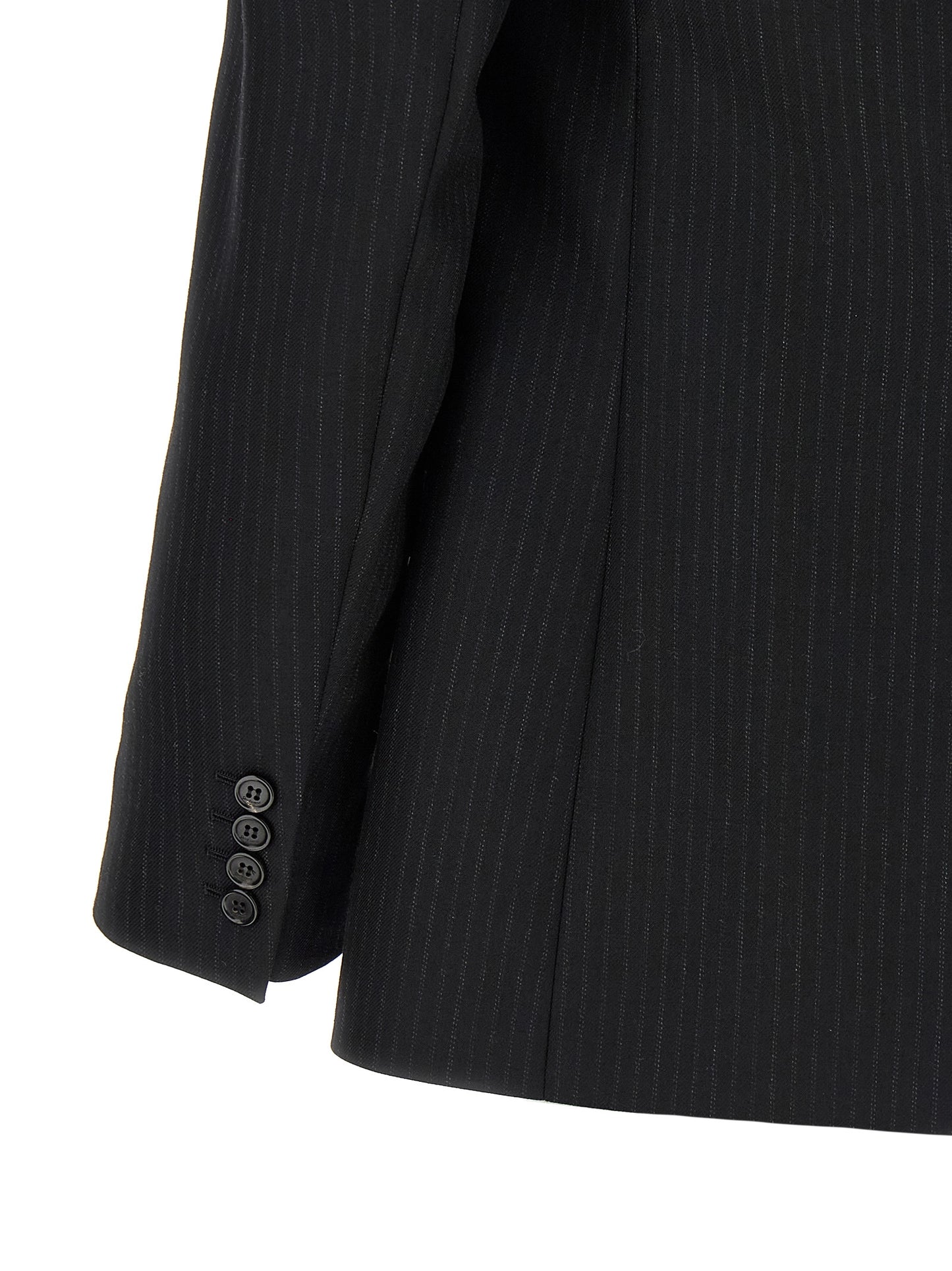 This Blazer by Saint Laurent for men in wool & silk black & pinstripe presents a tailored silhouette, meticulously tailored with a tailored and distinctive for a tailored finish.