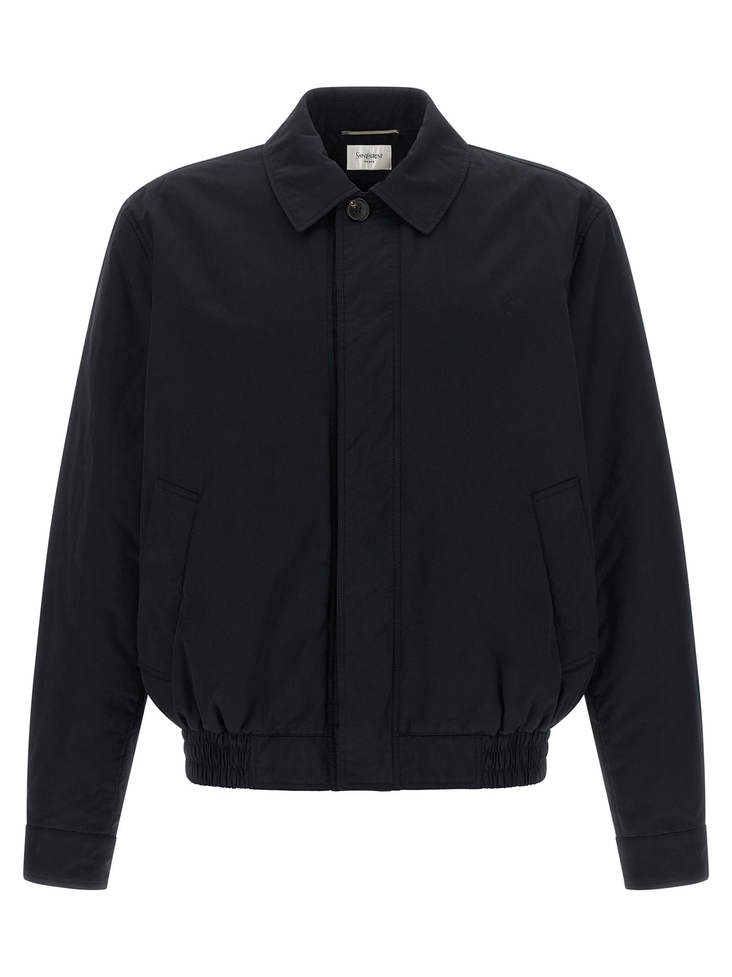 Windbreaker Jacket by Saint Laurent for men in cotton & silk black showcases a modern silhouette, integrating pockets & windproof and a modern for a sophisticated finish.