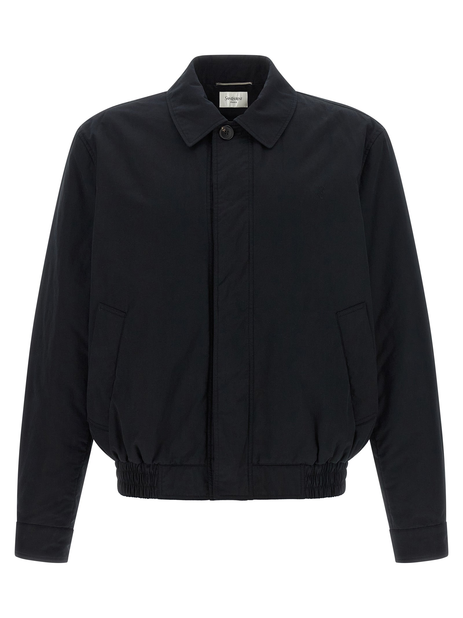 Windbreaker Jacket by Saint Laurent for men in cotton & silk black showcases a modern silhouette, integrating pockets & windproof and a modern for a sophisticated finish.
