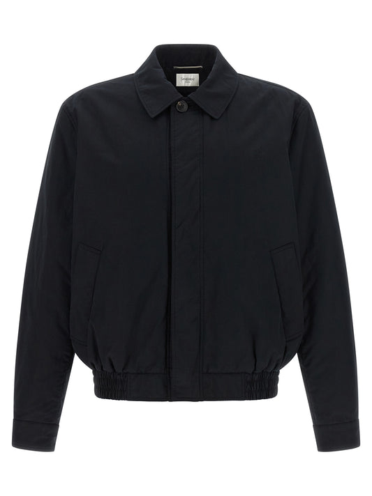 Windbreaker Jacket by Saint Laurent for men in cotton & silk black showcases a modern silhouette, integrating pockets & windproof and a modern for a sophisticated finish.